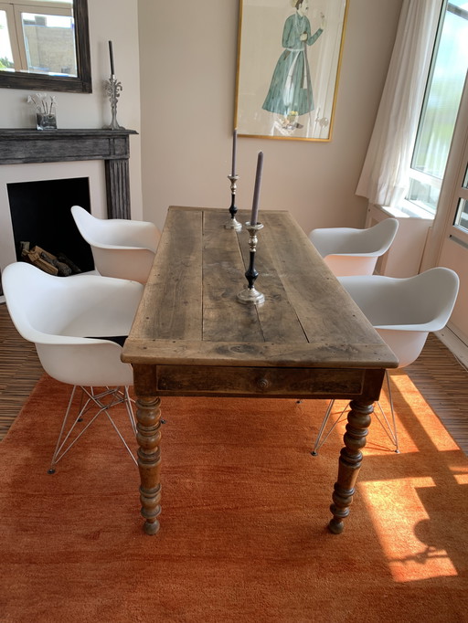 French Cherry Table With 4 Vitra Eames DAR Chairs With Arm White And Chrome Base