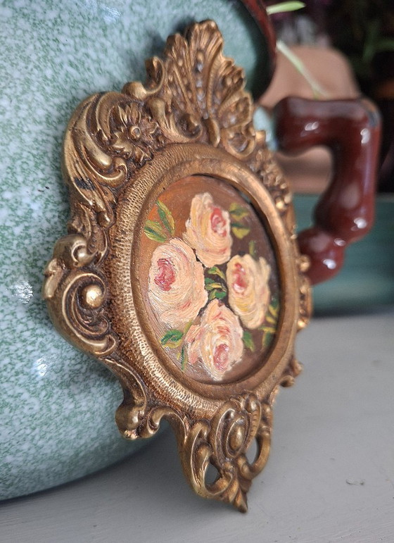 Image 1 of Miniatura vintage di dipinto ad olio floreale in cornice di bronzo - Decorazione romantica in stile shabby chic francese