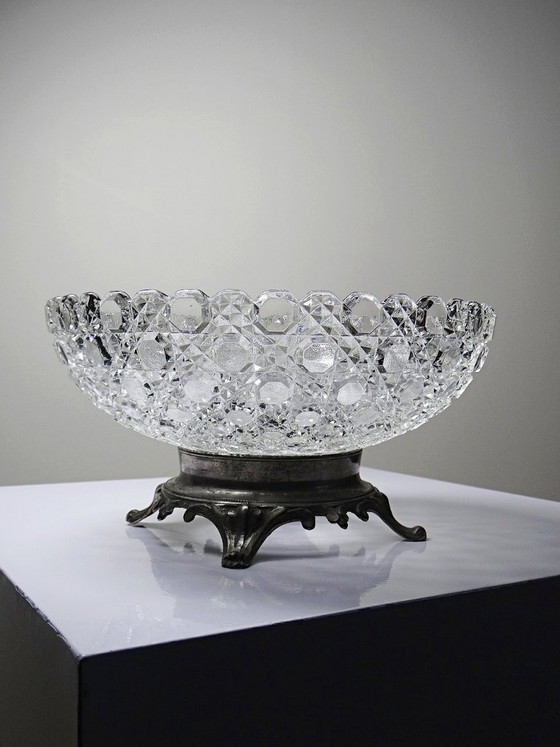 Vintage 1920-1950 Pressed Glass Bowl with Diamond Points on Pewter Base, Ancien, Table accessories (photo 10 of 10)