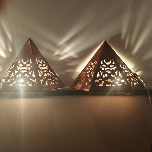 Authentieke vintage handgesneden houten wandlampen – set van 2