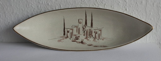 Große ovale Anbietschale Obstschale aus den 50er Jahren mit abnehmbaren Bambushenkel Krakelee Lasur handbemalt mid-century 