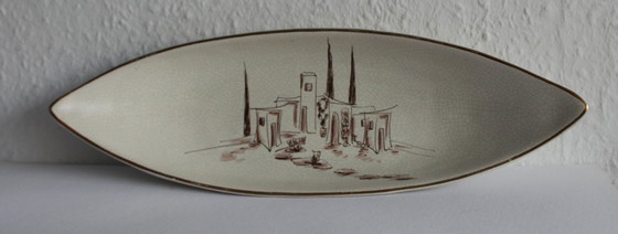 Image 1 of Große ovale Anbietschale Obstschale aus den 50er Jahren mit abnehmbaren Bambushenkel Krakelee Lasur handbemalt mid-century 