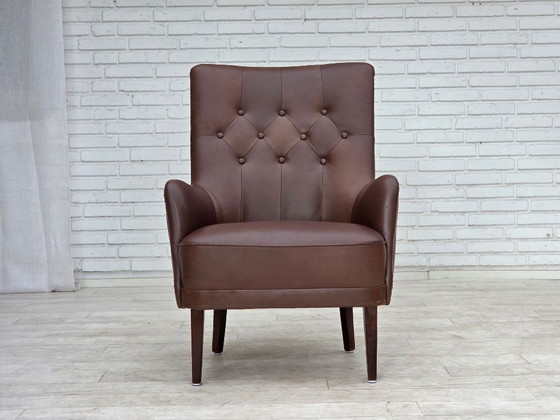 Image 1 of Anni '70, poltrona danese, rivestimento originale in pelle marrone.