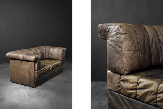 Image 1 of Vintage Mid-Century Modern German Brutalist 2-Seater Brown Leather Bed Sofa, 1970s