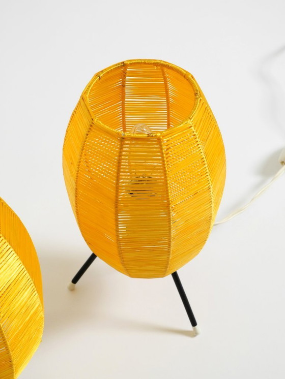Image 1 of Two beautiful Mid Century modern tripod raffia table lamps