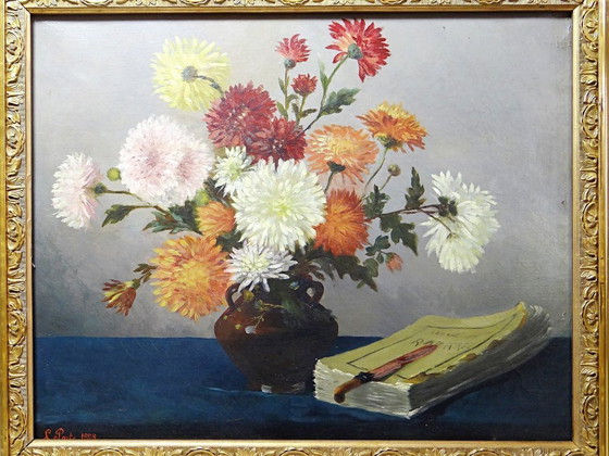 Image 1 of Oil painting on canvas, still life with chrysanthemums, signed L. Porte 1888