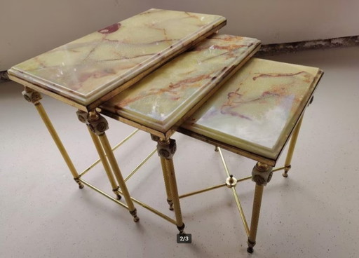 3 antique nesting tables with onyx tray