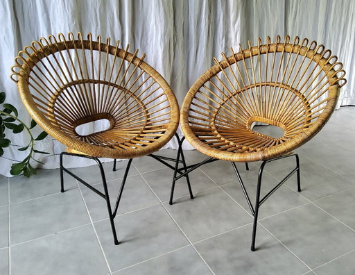 Paire de fauteuils rotin années 60