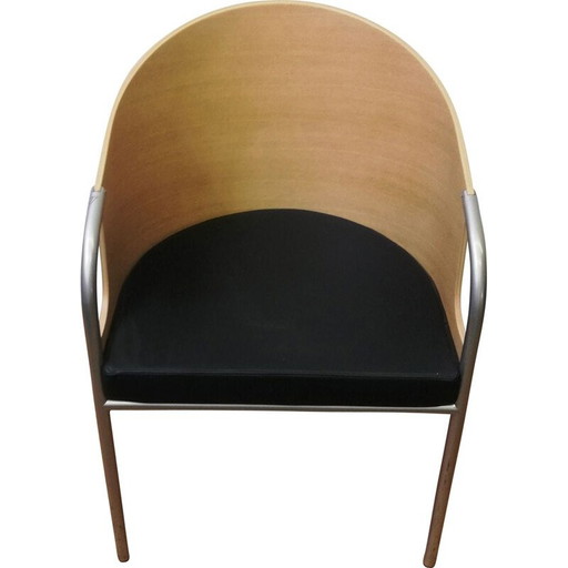 Calligaris vintage fauteuil in licht hout en zwart leer, Italië