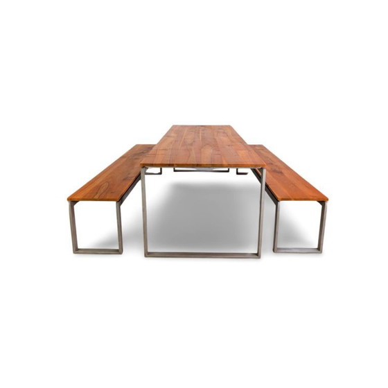 Image 1 of Ensemble table et chaises de style industriel comprenant 2 bancs, banc design, style vintage