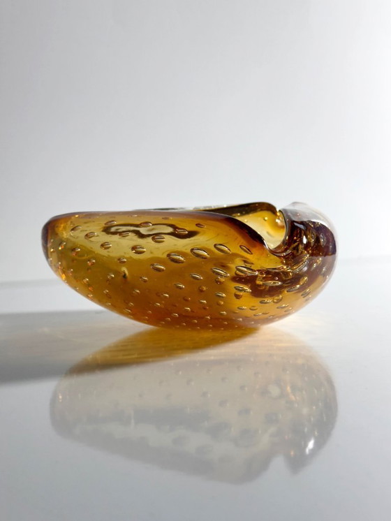 Image 1 of Murano bowl Bullicante Bubbles glass ashtray amber orange Italy 1970s Venice
