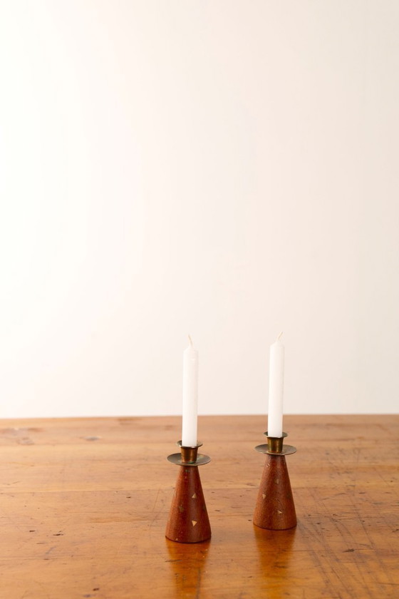 Image 1 of 2x Vintage Small teak and brass triangle inlay candle sticks