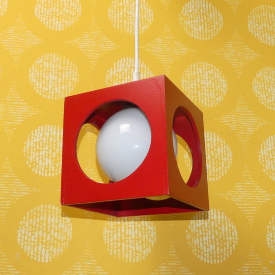 Image 1 of 70s hanglamp kubus blauw hout opaal glazen bol "Richard Essig" vintage retro