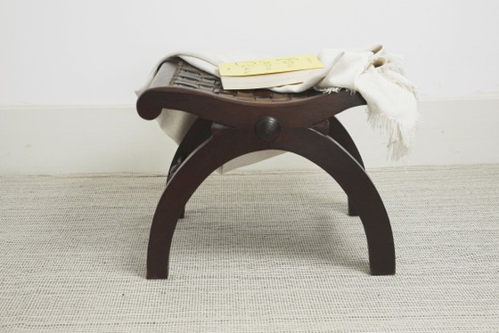 Spanish Revival Leather Stool Woven Leather Footstool Vintage Spanish Colonial Ottoman Rustic Wood Accent (photo 7 of 19)