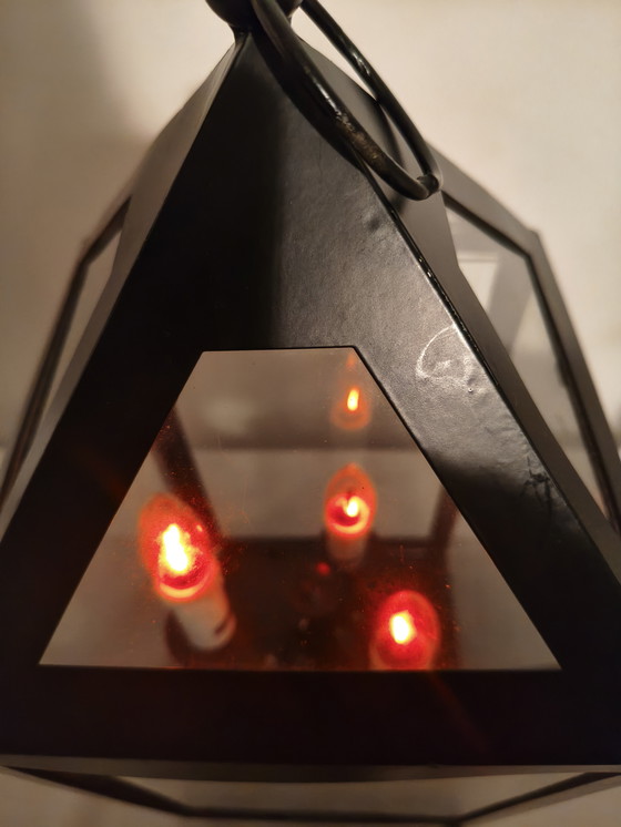 Image 1 of Klassische Laternen-Tischleuchte mit 3 Kerzenfassungen – schwarzes Metall und Glas