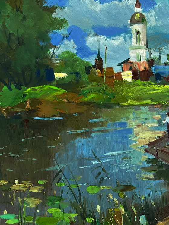 Original Oil Painting Impressionistic River Landscape Painting Bridge over the River, Paintings & Drawings (photo 4 of 11)