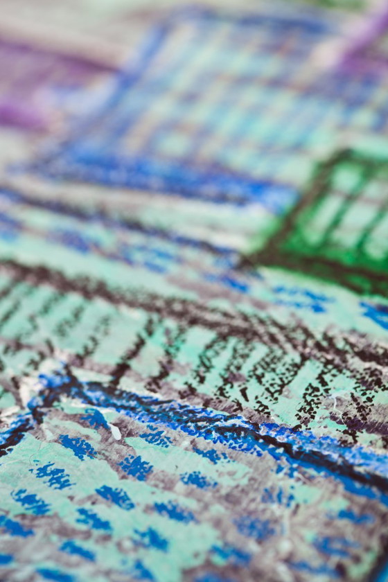 Image 1 of Contemporary paintig in teal, purple and green shades, acrylic on canvas