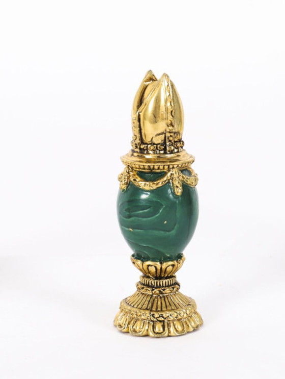 Image 1 of Jeu d'échecs Fabergé vintage en noyer, marbre d'Amboine et malachite, XXe siècle
