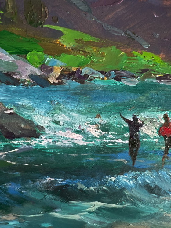 Image 1 of Dipinto ad olio originale. Pesca estiva in un fiume di montagna.