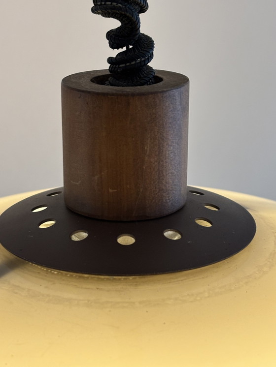 Image 1 of Vintage Brown/Beige Plexiglass 70's Pendant Lamp with Pull Pendant and Wooden Handle