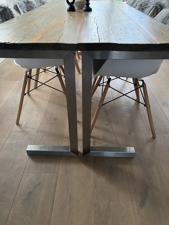 Image 1 of Unique Design Dining Table – Ramon van den Heuvel – Solid Aged Top – Brushed Stainless Steel Base