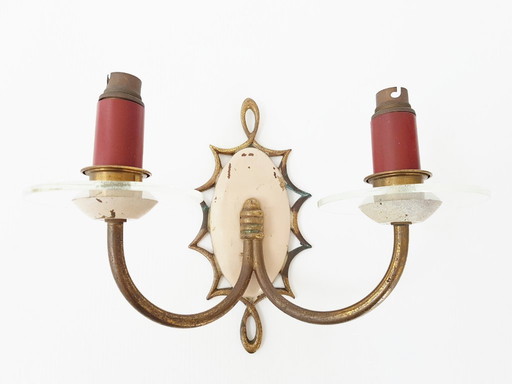 PRACHTIGE DUBBELE METALEN WANDLAMP, MESSING & GLAS, VINTAGE UIT DE JAREN 1940-1950