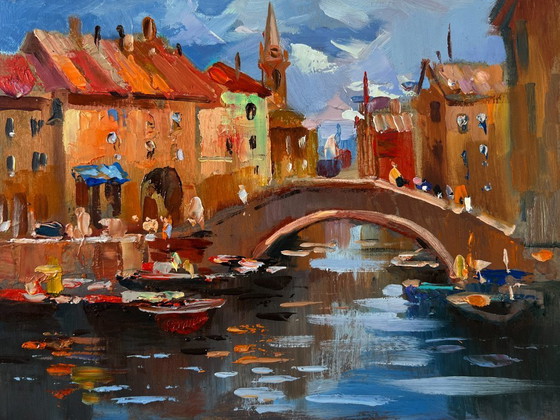Image 1 of Original Oil Painting Street River Landscape City Central Bridge