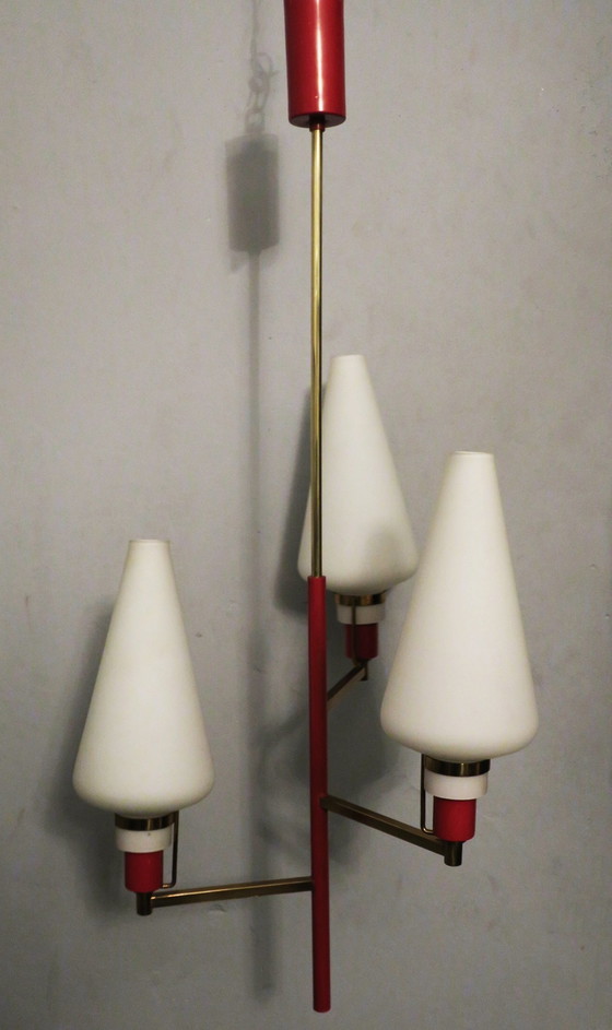 Image 1 of Petit lustre italien en laiton et verre, période Stilnovo 1950