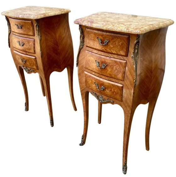 Image 1 of Pair of marquetry bedside tables - veined marble tops - Louis XV style