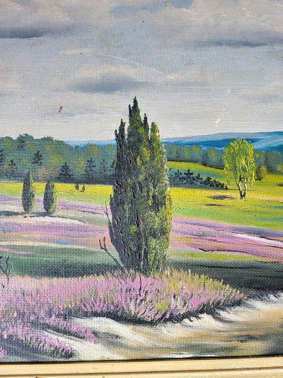 Image 1 of Olieverfschilderij van een heidelandschap uit de jaren 1930/1940.