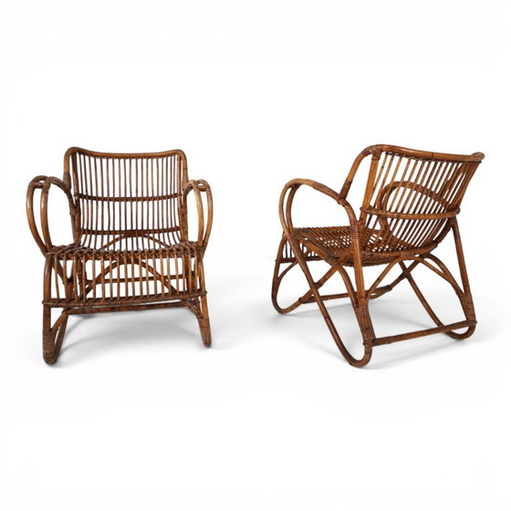 Image 1 of Frans paar vintage loungestoelen van rotan en bamboe, 1960