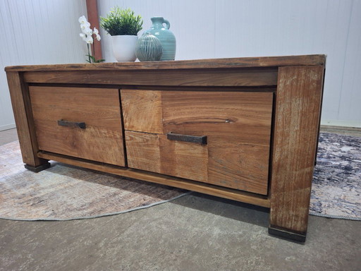 Table basse en teck recyclé avec 4 tiroirs, neuve