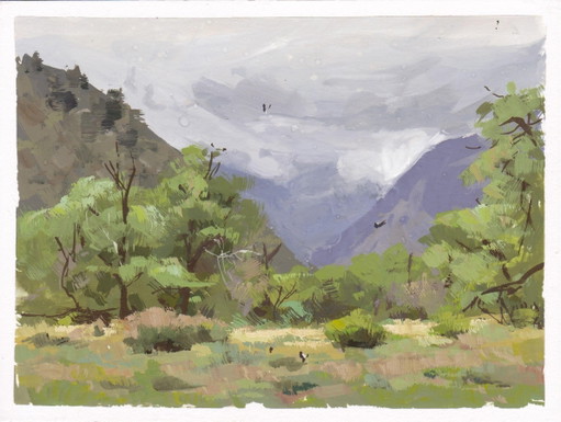 "Two Friends on Mt. Falcon" - Contemporary Colorado Pines Gouache Painting, 2023