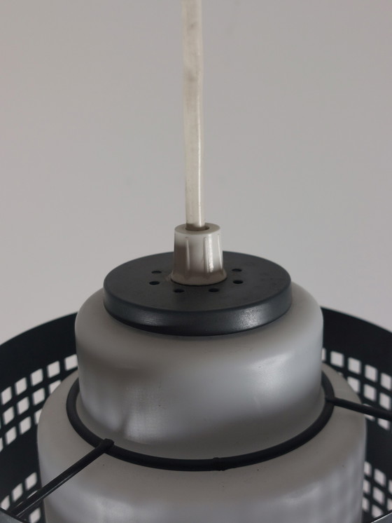 Image 1 of Vintage Mid Century Hanglamp Plafondlamp Hanglamp Geperforeerd Metaal Matglas Jaren 60