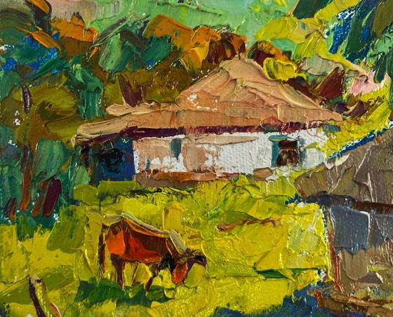 Image 1 of Original Oil Painting Summer Village Landscape Work silence under the evening sky
