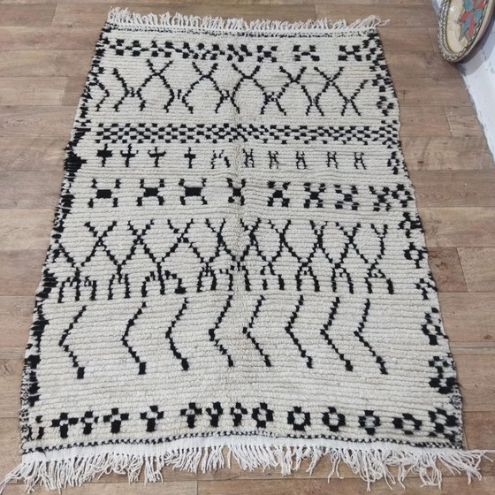 Image 1 of Natural Wool Berber Rug – Black Geometric Patterns Handwoven (175 × 125 cm)