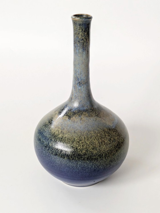 Image 1 of Vintage Seafoam Glaze Ceramic Vase, Balloon Form, Hare’s Fur Style, Midcentury Scandinavian Style