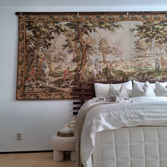 Image 1 of Large custom-made Jules Pansu French tapestry with 18th-century royal hunting scene 'en Forêt de Compiègne' 390 x 157 cm