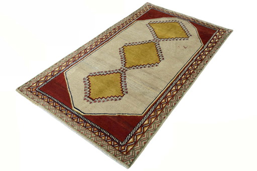 Handgeknüpfter Gabbeh Nomadenteppich – 226 x 133 cm – Naturtöne & Senfgelb – Unikat aus reiner Wolle