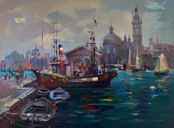 Image 1 of Original Oil Painting Gloomy Houses Landscape Boats bob at the city pier