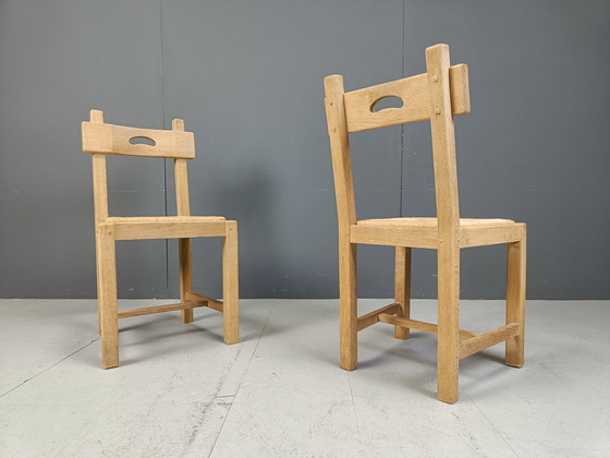 Image 1 of Set van 6 eiken en rieten Brutalistische eetkamerstoelen, 1960S