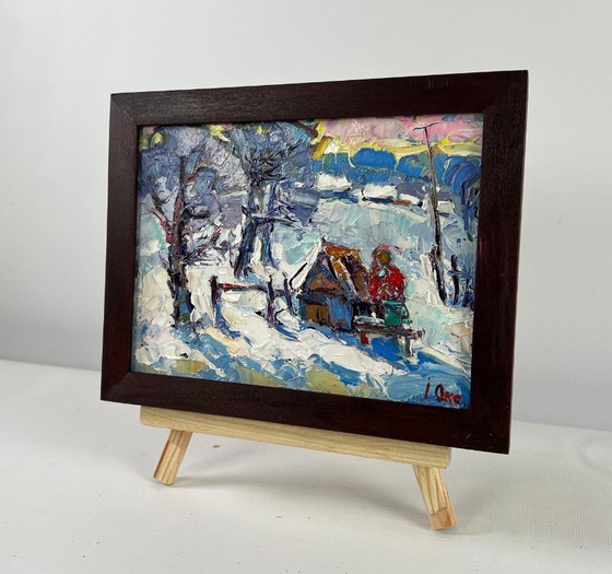 Image 1 of Original Oil Painting Winter Village Landscape The icy breath of the morning