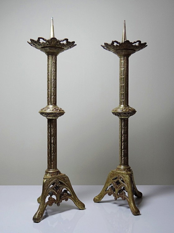 Image 1 of Large pair of antique gilt bronze candlesticks, 19th-century Gothic style