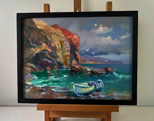 Original Oil Painting Evening Coastal Landscape Fishermen pull their nets into the sea