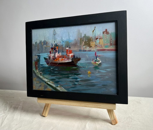 Original Oil Painting City Coastal Landscape Ship at the pier