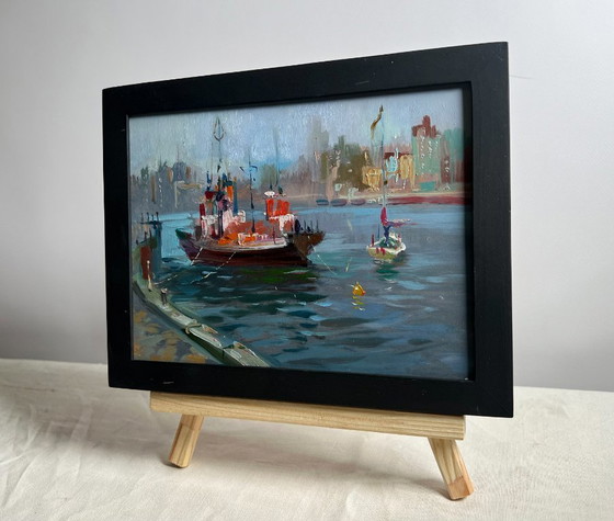 Image 1 of Original Oil Painting City Coastal Landscape Ship at the pier