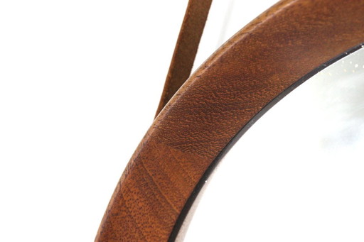 Miroir rond en teck avec bracelet en cuir