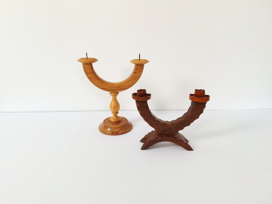 Image 1 of Vintage set of 2 candlestick / wood candlestick / Wooden Candle Stick