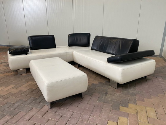 Image 1 of Montel White Real Leather Corner Sofa + Stool