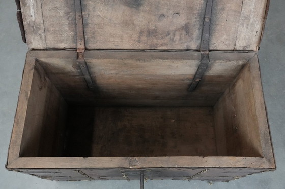 Image 1 of Antique 17th century chest/safe covered with leather and original key